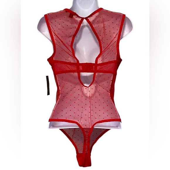 NWT INC INTERNATIONAL CONCEPTS Cupped Swiss Dot Sheer Lace Thong Bodysuit RED - Picture 4 of 8